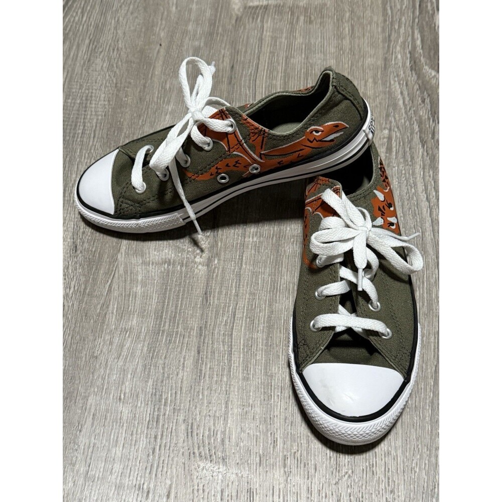 Converse  Size 3 Dino Print Low-Top Sneakers Olive Green/Orange Great Condition